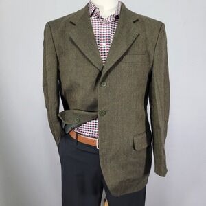 John‎ Clarendon Men's Sport Coat Three Button Green Herringbone Lambs Wool 42R